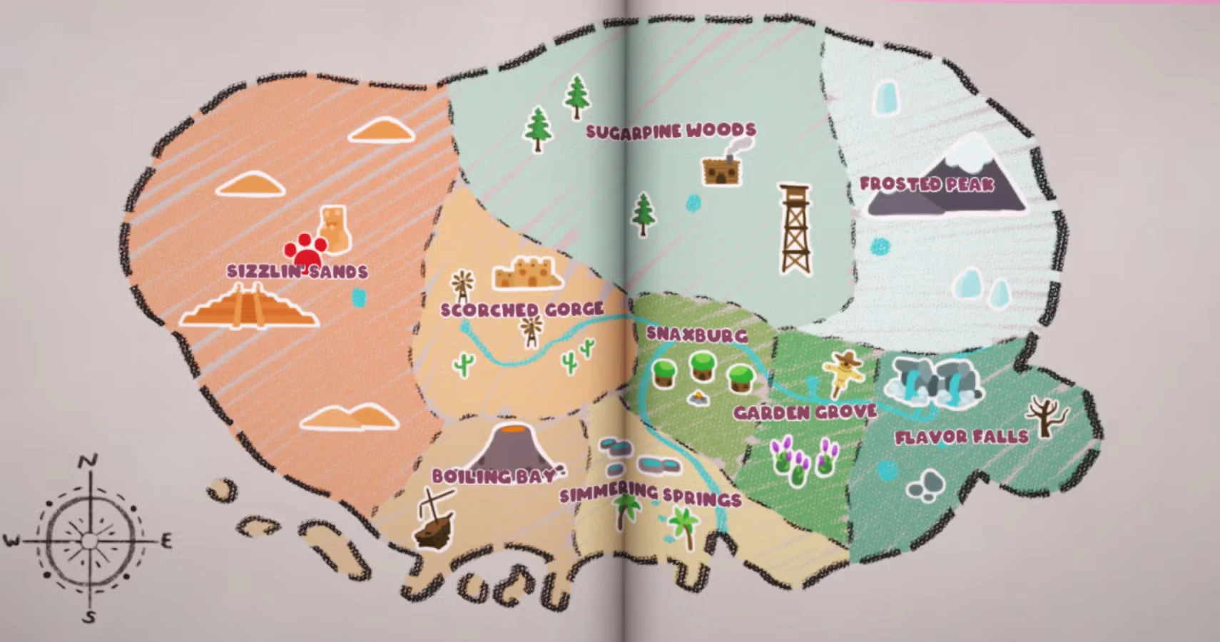 Illustrated map of Snaxburg Island with its eight regions