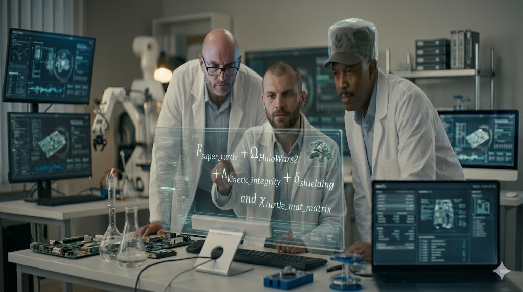 Scientists studying the super turtle formula on a holographic display